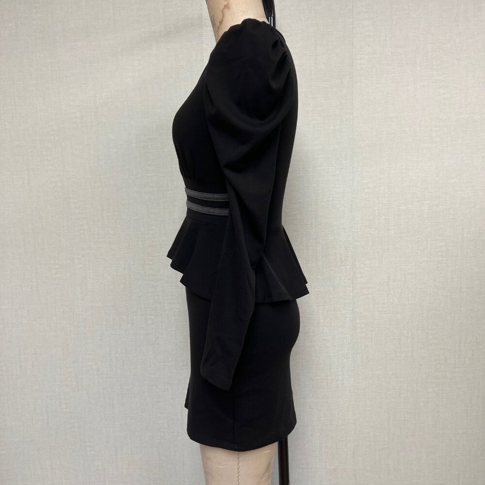 NWOT Deadstock 2000s Peplum Puff Sleeve Black Pencil Dress Small - Picture 3 of 4